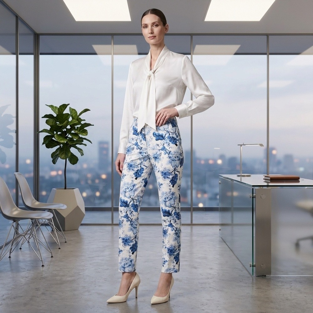 Zara Woman Blue White Floral Chinoiserie Slim Ankle Trousers Pants Size 2